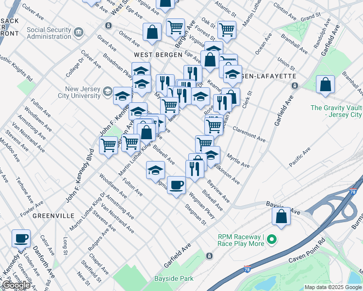 map of restaurants, bars, coffee shops, grocery stores, and more near 53 Bostwick Avenue in Jersey City