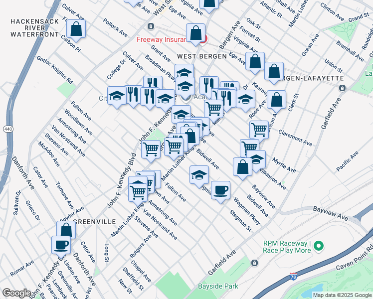 map of restaurants, bars, coffee shops, grocery stores, and more near 215 Bidwell Avenue in Jersey City