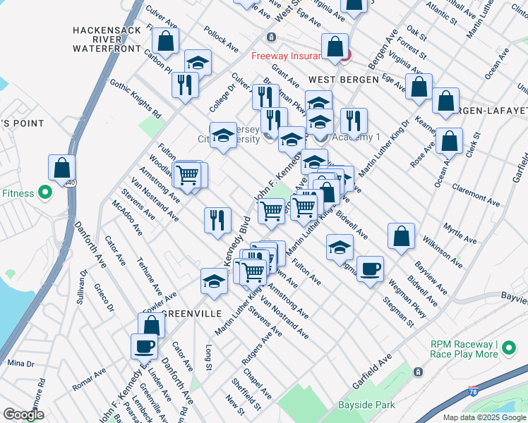 map of restaurants, bars, coffee shops, grocery stores, and more near 1974 John F. Kennedy Boulevard in Jersey City
