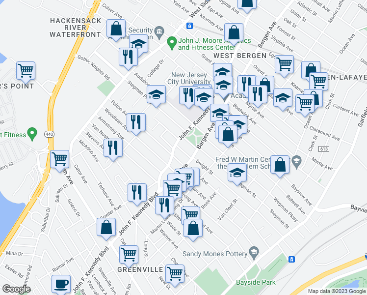 map of restaurants, bars, coffee shops, grocery stores, and more near 1974 John F. Kennedy Boulevard in Jersey City