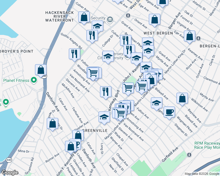 map of restaurants, bars, coffee shops, grocery stores, and more near 4 Westminster Avenue in Jersey City