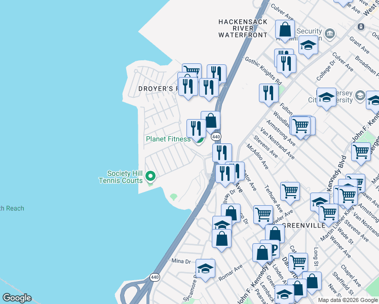 map of restaurants, bars, coffee shops, grocery stores, and more near 17 Juniper Street in Jersey City