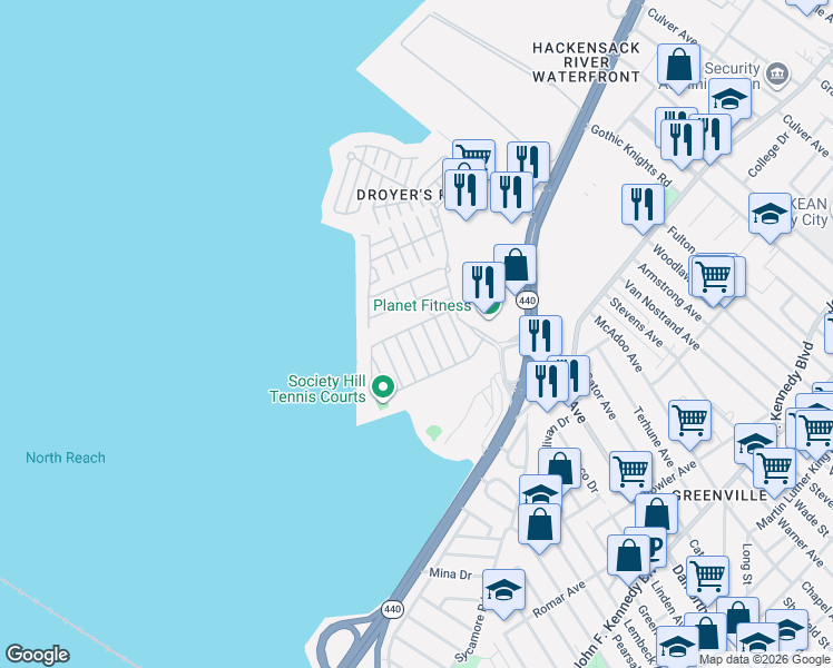 map of restaurants, bars, coffee shops, grocery stores, and more near 37 Cottonwood Street in Jersey City