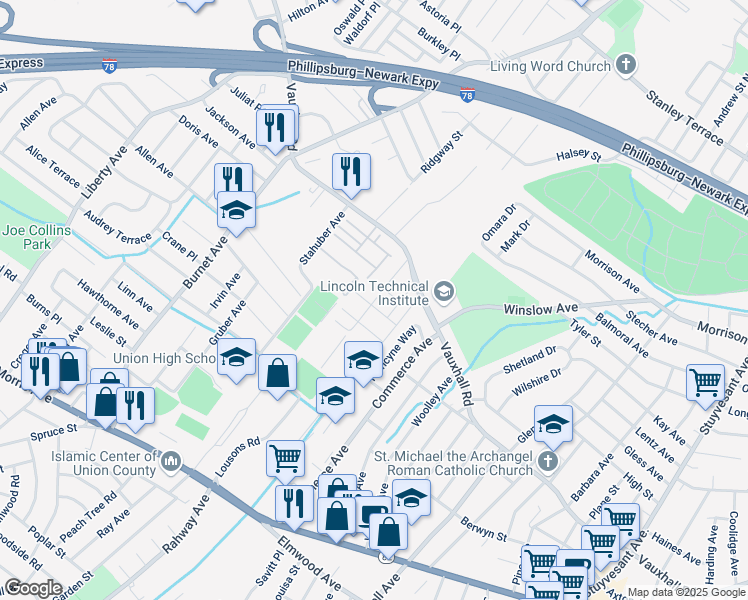 map of restaurants, bars, coffee shops, grocery stores, and more near 218 Swanstrom Place East in Union