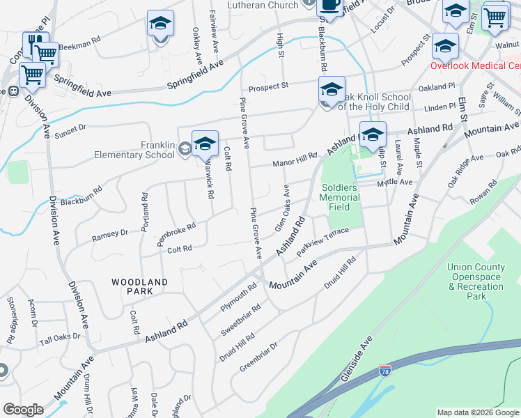 map of restaurants, bars, coffee shops, grocery stores, and more near 100 Pine Grove Avenue in Summit