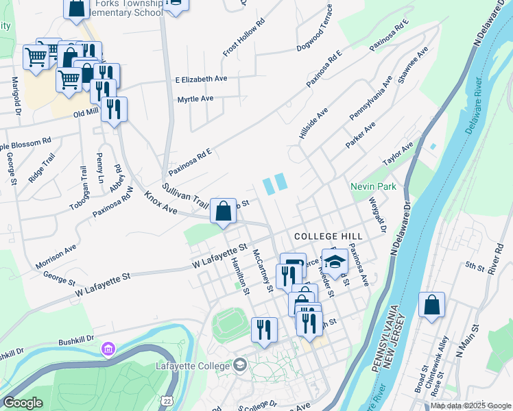 map of restaurants, bars, coffee shops, grocery stores, and more near 883 Cattell Street in Easton
