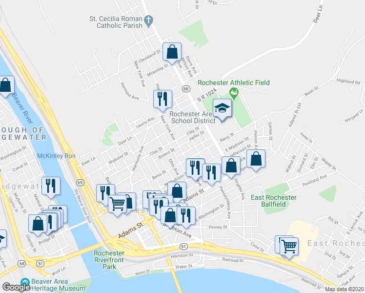 map of restaurants, bars, coffee shops, grocery stores, and more near 451 New York Avenue in Rochester
