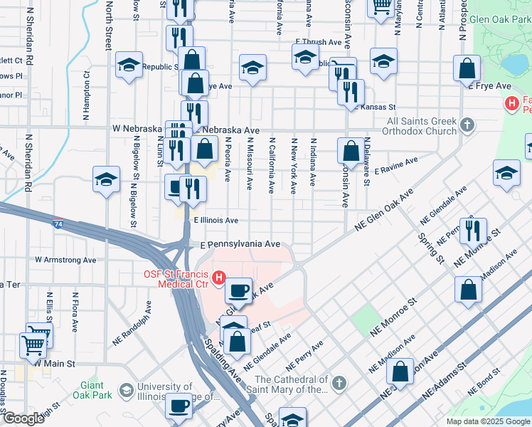 map of restaurants, bars, coffee shops, grocery stores, and more near 1619 North California Avenue in Peoria