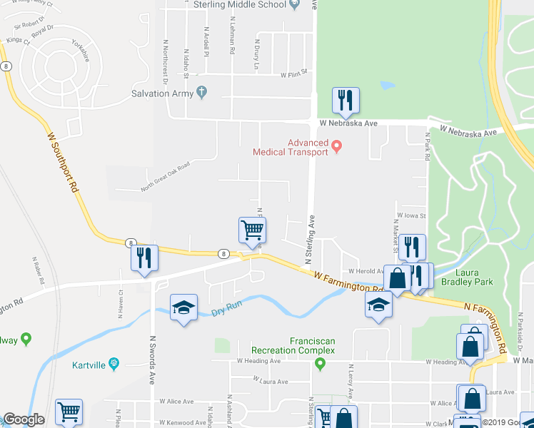 map of restaurants, bars, coffee shops, grocery stores, and more near 1522 North Pierson Avenue in West Peoria