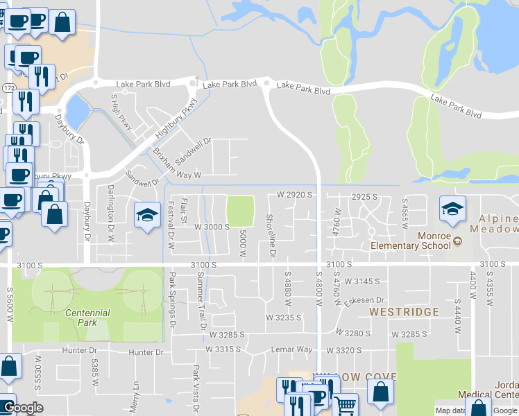 map of restaurants, bars, coffee shops, grocery stores, and more near 2947 Calypso Street in Salt Lake City