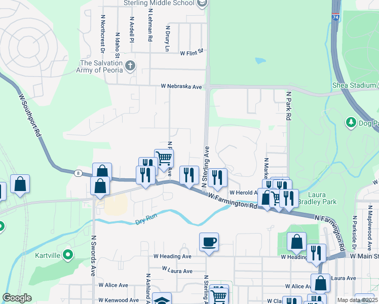 map of restaurants, bars, coffee shops, grocery stores, and more near 1698 North Vaughn Avenue in West Peoria