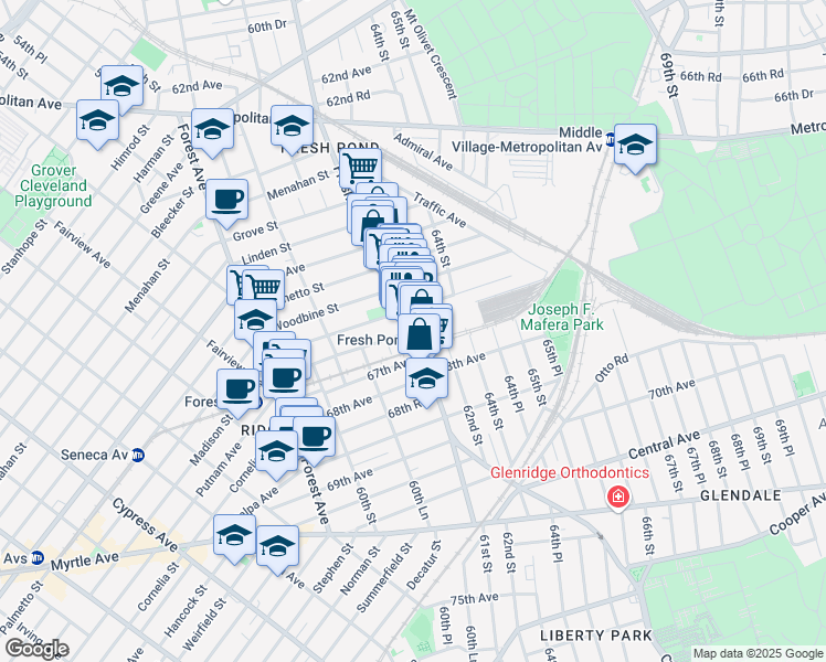 map of restaurants, bars, coffee shops, grocery stores, and more near Putnam Ave & Fresh Pond Rd in Queens