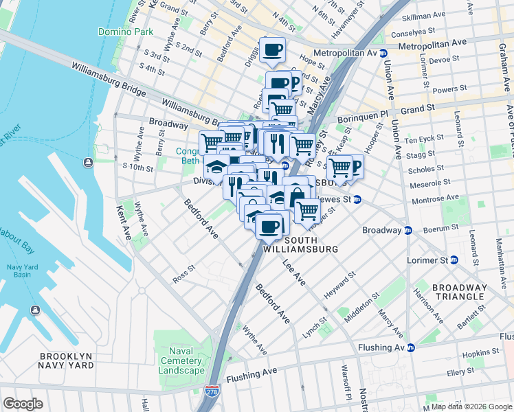 map of restaurants, bars, coffee shops, grocery stores, and more near 199 Ross Street in Brooklyn