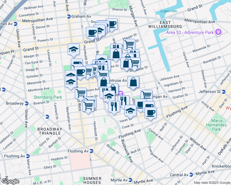 map of restaurants, bars, coffee shops, grocery stores, and more near 262 Johnson Avenue in Brooklyn