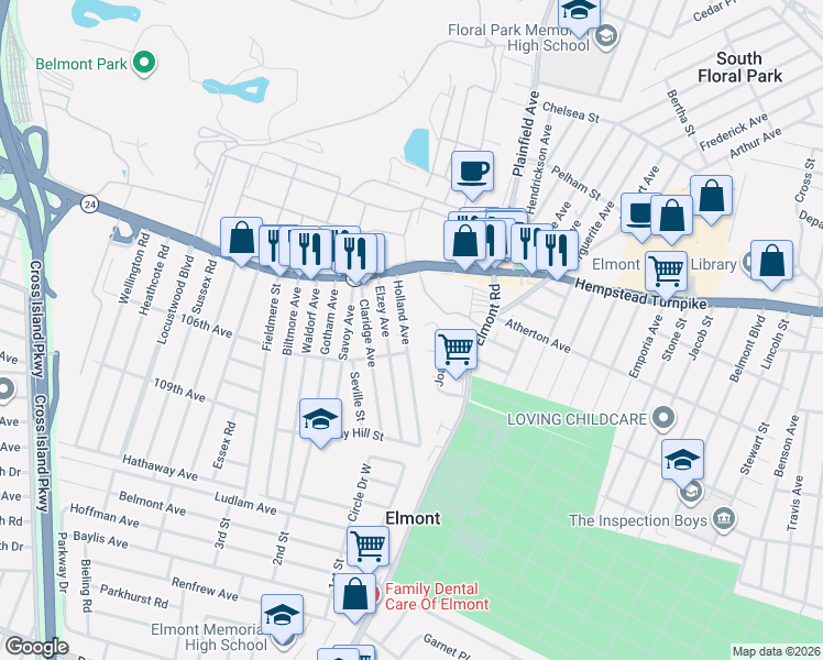 map of restaurants, bars, coffee shops, grocery stores, and more near 84 Holland Avenue in Elmont