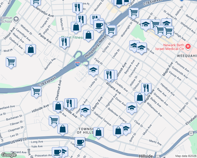 map of restaurants, bars, coffee shops, grocery stores, and more near 357 Winans Avenue in Hillside