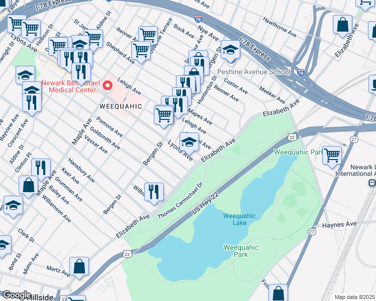 map of restaurants, bars, coffee shops, grocery stores, and more near 19 Lyons Avenue in Newark