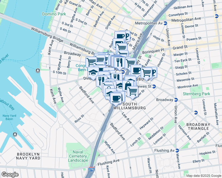 map of restaurants, bars, coffee shops, grocery stores, and more near 219 Ross Street in Brooklyn