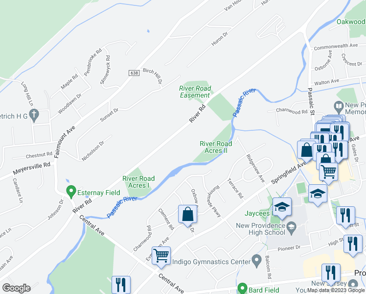 map of restaurants, bars, coffee shops, grocery stores, and more near 567 River Road in Chatham Township