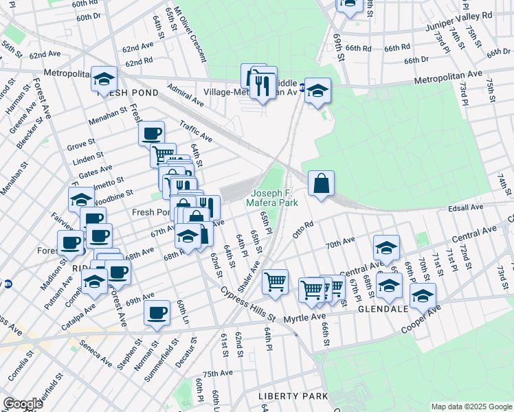 map of restaurants, bars, coffee shops, grocery stores, and more near Shaler Avenue in Queens