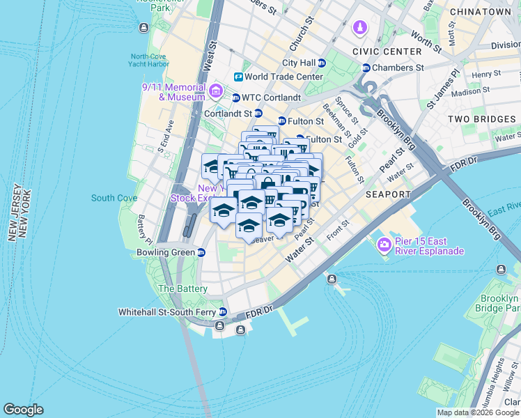 map of restaurants, bars, coffee shops, grocery stores, and more near 15 Broad Street in New York