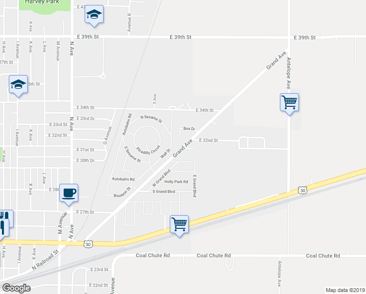 map of restaurants, bars, coffee shops, grocery stores, and more near 3198 Grand Avenue in Kearney