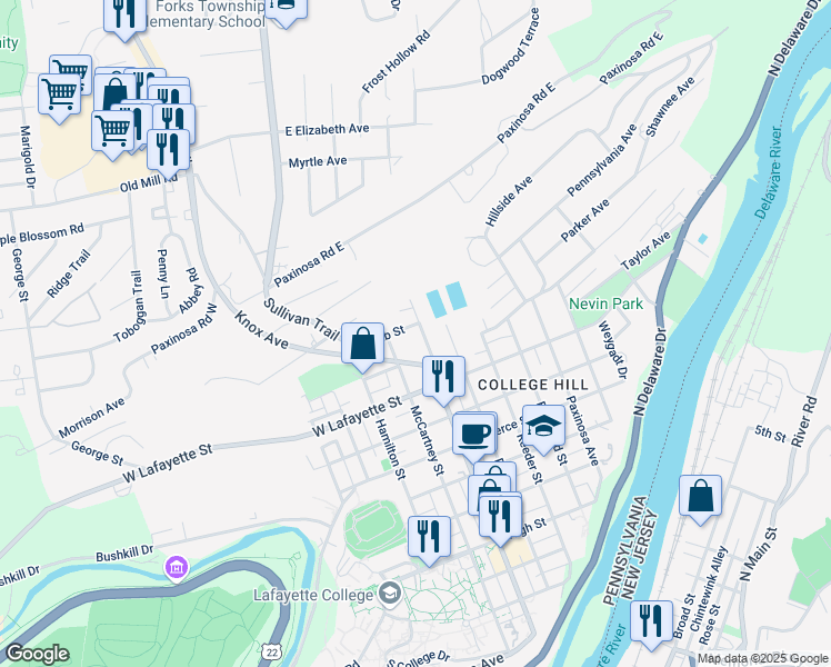 map of restaurants, bars, coffee shops, grocery stores, and more near 883 Cattell Street in Easton