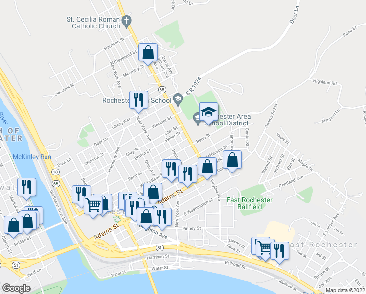 map of restaurants, bars, coffee shops, grocery stores, and more near 474 Reno Street in Rochester
