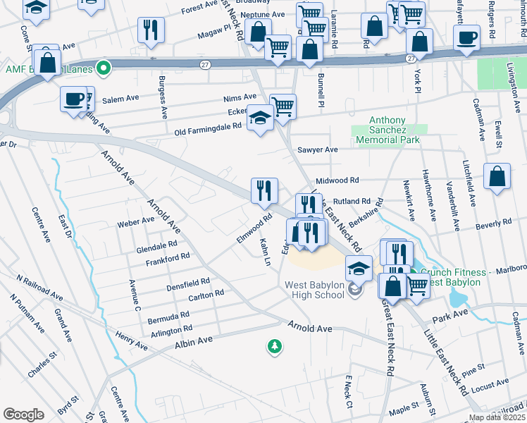map of restaurants, bars, coffee shops, grocery stores, and more near 145 New York 109 in West Babylon