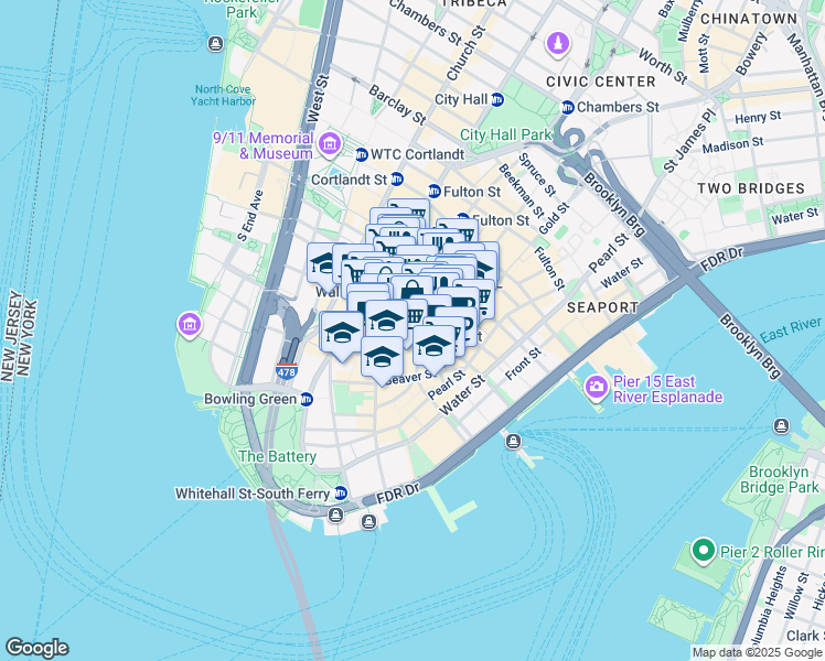 map of restaurants, bars, coffee shops, grocery stores, and more near 37 Wall Street in New York