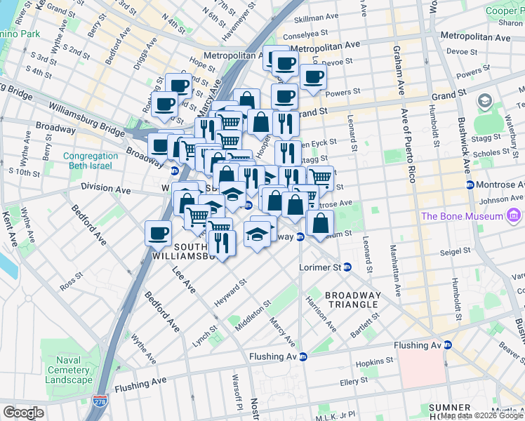 map of restaurants, bars, coffee shops, grocery stores, and more near Broadway in Brooklyn