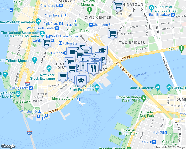 map of restaurants, bars, coffee shops, grocery stores, and more near 12 Fulton Street in New York