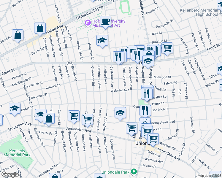 map of restaurants, bars, coffee shops, grocery stores, and more near 489 Webster Avenue in Uniondale