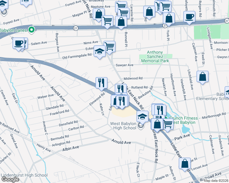 map of restaurants, bars, coffee shops, grocery stores, and more near 135 Platt Avenue in West Babylon