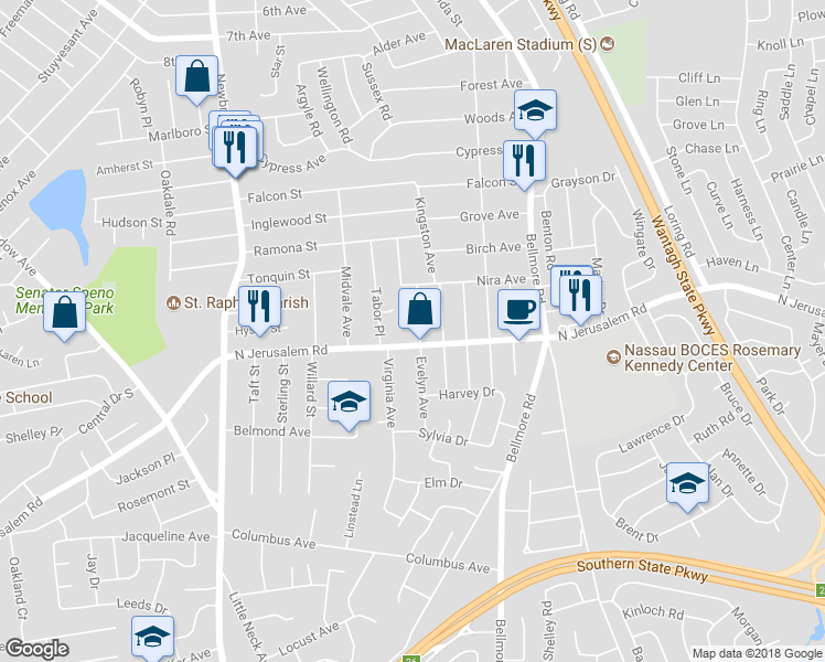 map of restaurants, bars, coffee shops, grocery stores, and more near 2626 Dianne Court in East Meadow