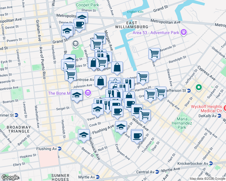map of restaurants, bars, coffee shops, grocery stores, and more near 94 Bogart Street in Brooklyn