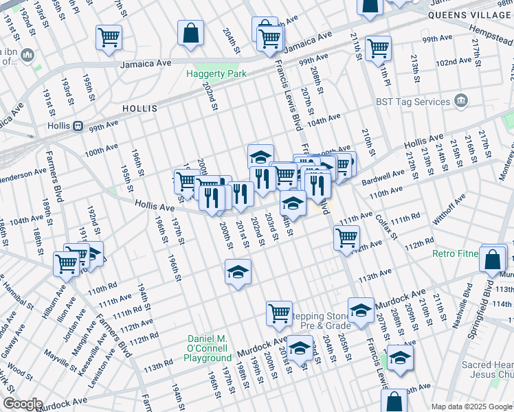 map of restaurants, bars, coffee shops, grocery stores, and more near 109-37 203rd Street in Queens