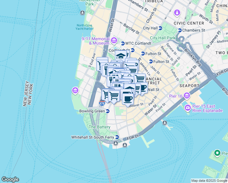 map of restaurants, bars, coffee shops, grocery stores, and more near 45 Broadway in New York