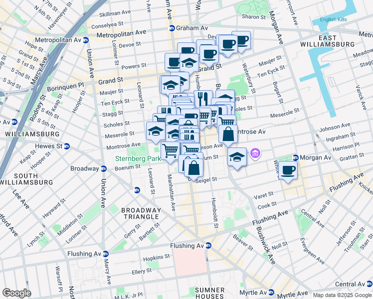 map of restaurants, bars, coffee shops, grocery stores, and more near Graham Ave & Johnson Ave in Brooklyn