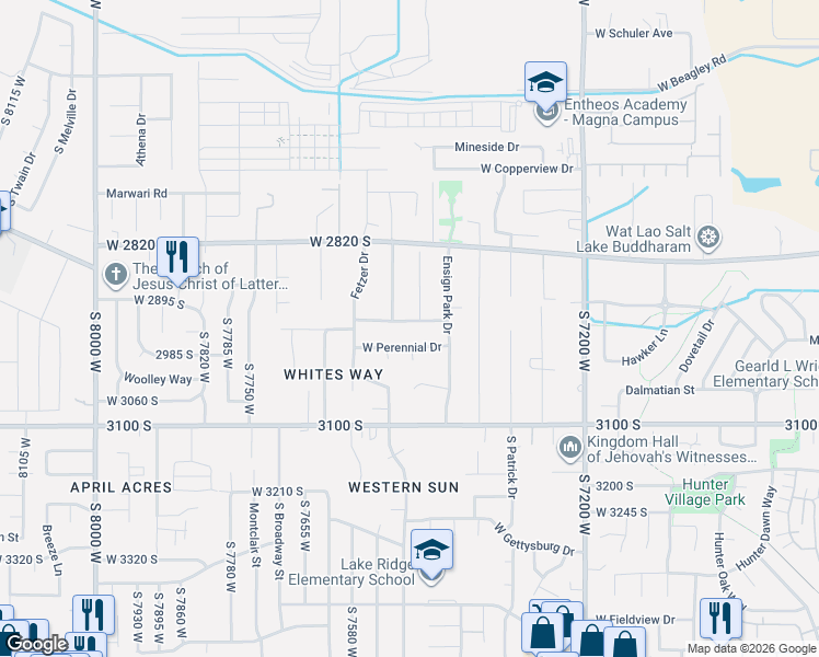map of restaurants, bars, coffee shops, grocery stores, and more near 7454 Olive Brook Drive in Magna