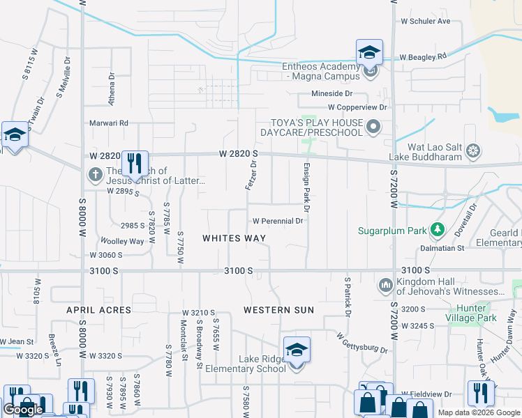 map of restaurants, bars, coffee shops, grocery stores, and more near 7526 Olive Brook Drive in Magna