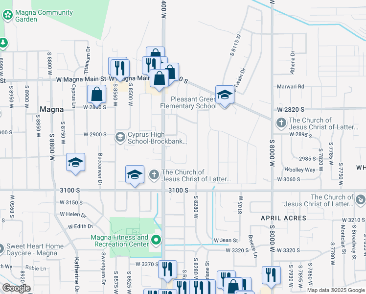 map of restaurants, bars, coffee shops, grocery stores, and more near 2929 Patricia Drive in Magna