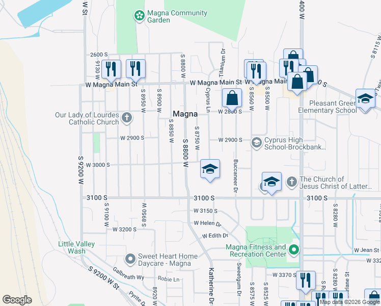 map of restaurants, bars, coffee shops, grocery stores, and more near 2940 Merton Way in Magna