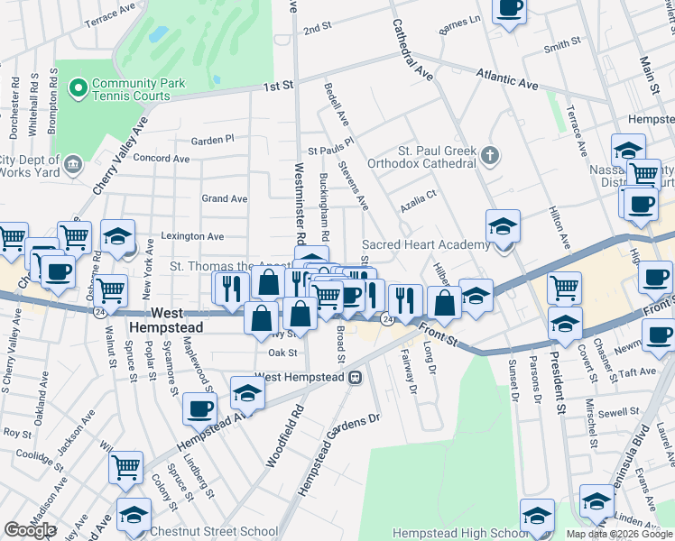 map of restaurants, bars, coffee shops, grocery stores, and more near 66 Buckingham Road in West Hempstead