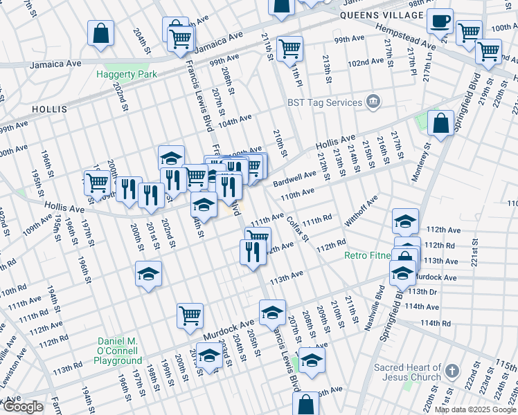map of restaurants, bars, coffee shops, grocery stores, and more near 110-2 208th Street in Queens