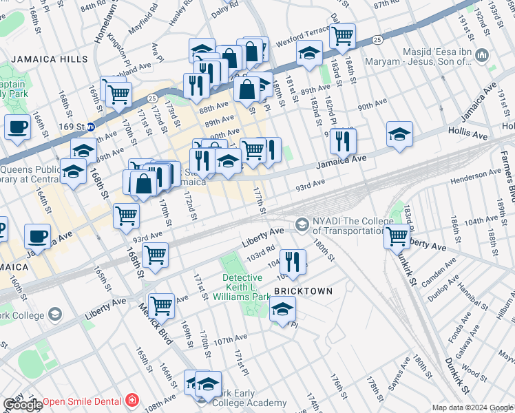 map of restaurants, bars, coffee shops, grocery stores, and more near 176-19 93rd Avenue in Queens