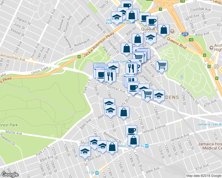 map of restaurants, bars, coffee shops, grocery stores, and more near in Queens