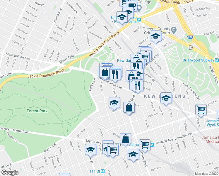 map of restaurants, bars, coffee shops, grocery stores, and more near 116-13 Metropolitan Avenue in Queens