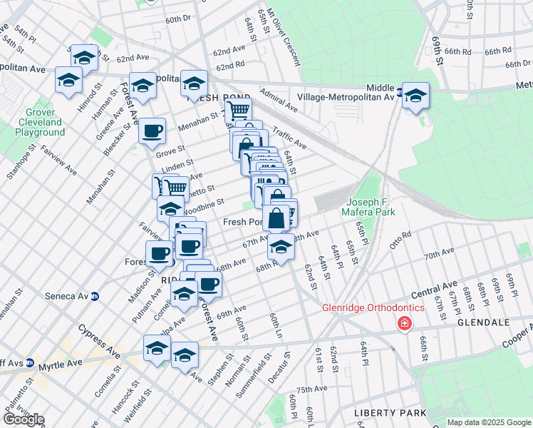 map of restaurants, bars, coffee shops, grocery stores, and more near 66-62 Fresh Pond Road in Queens