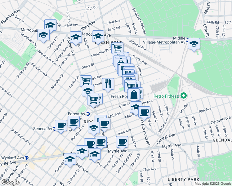 map of restaurants, bars, coffee shops, grocery stores, and more near 60-39 Madison Street in Queens